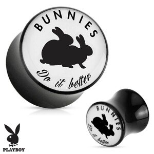 Černý sedlový plug do ucha z akrylu " Bunnies do it better" - Tloušťka : 6 mm