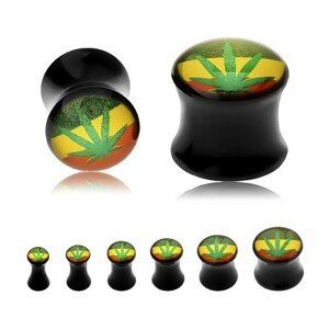 Černý sedlový plug do ucha, zelená marihuana s rasta barvami na pozadí - Tloušťka : 6 mm