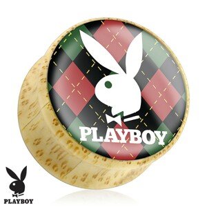 Plug do ucha z bambusového dřeva, zajíček Playboy na károvaném podkladu - Tloušťka : 8 mm