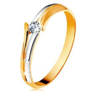 Diamantový zlatý prsten 585, zářivý čirý briliant, rozdělená dvoubarevná ramena - Velikost: 47