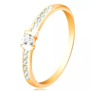 Zlatý prsten 14K - čirá třpytivá ramena, vyvýšený kulatý zirkon čiré barvy - Velikost: 48