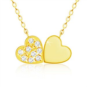 Diamantový náhrdelník ze žlutého 14K zlata - spojená malá srdce, čiré brilianty